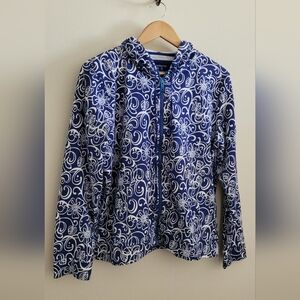 Liz Claiborne Hibiscus Pattern Full Zip Hoodie, Women's XL, Blue & White
